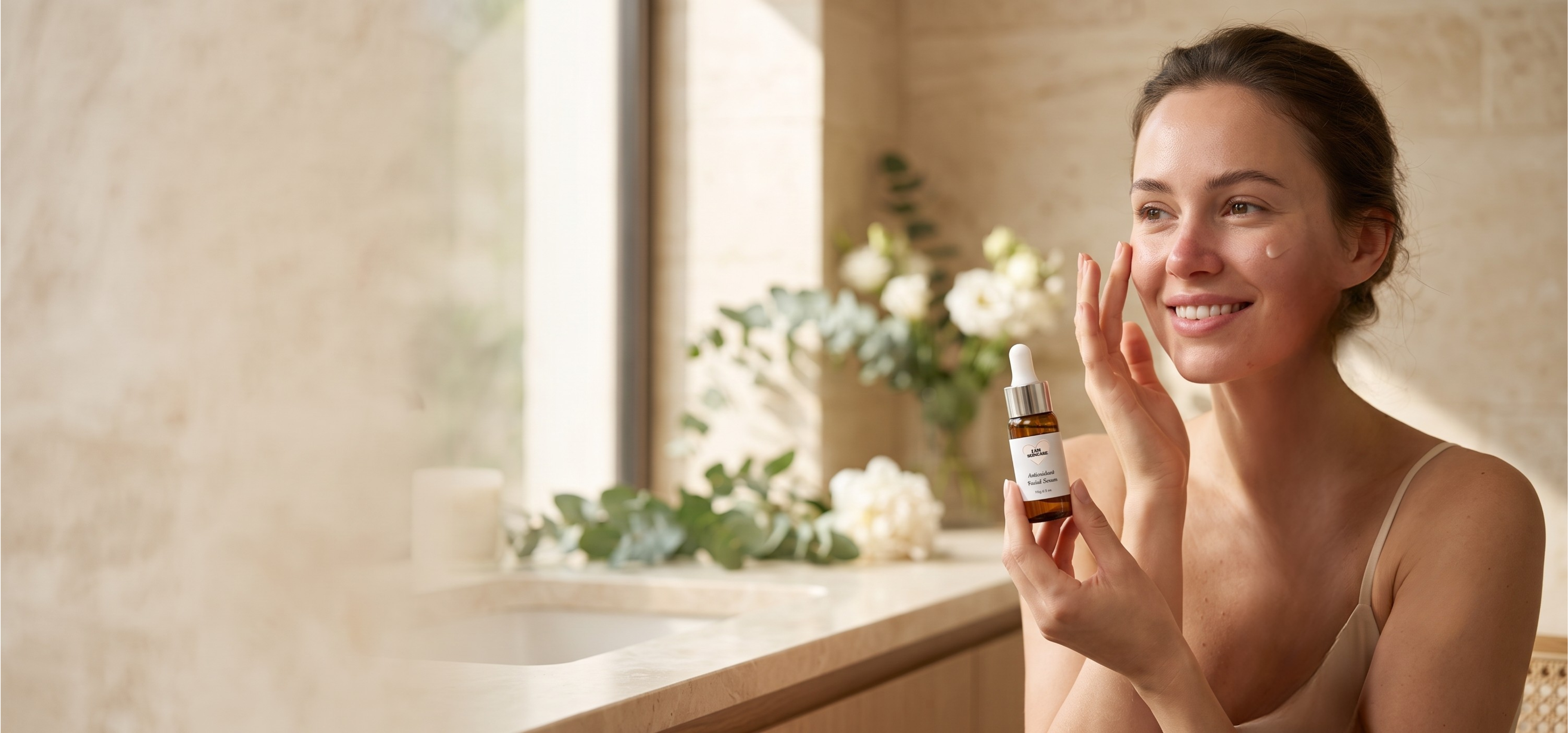 A woman with a skincare dropper bottle in hand, applying cream to her cheek in a warm, sunlit bathroom setting.
