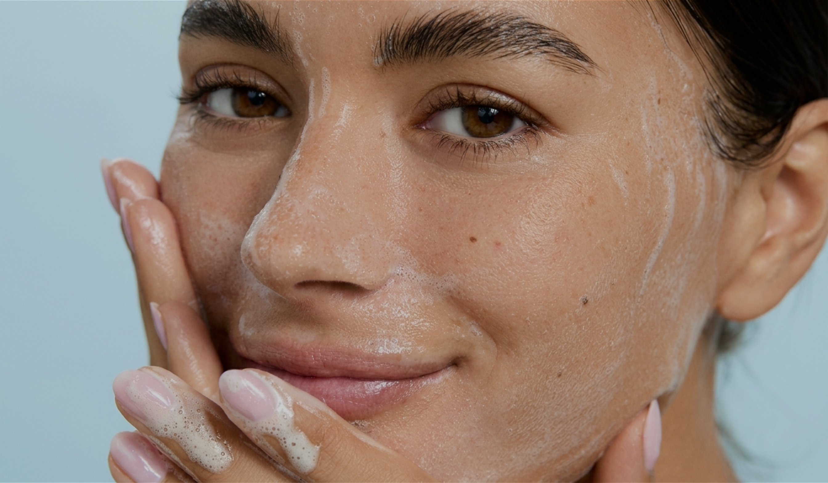 Woman cleansing her face with a facial cleanser