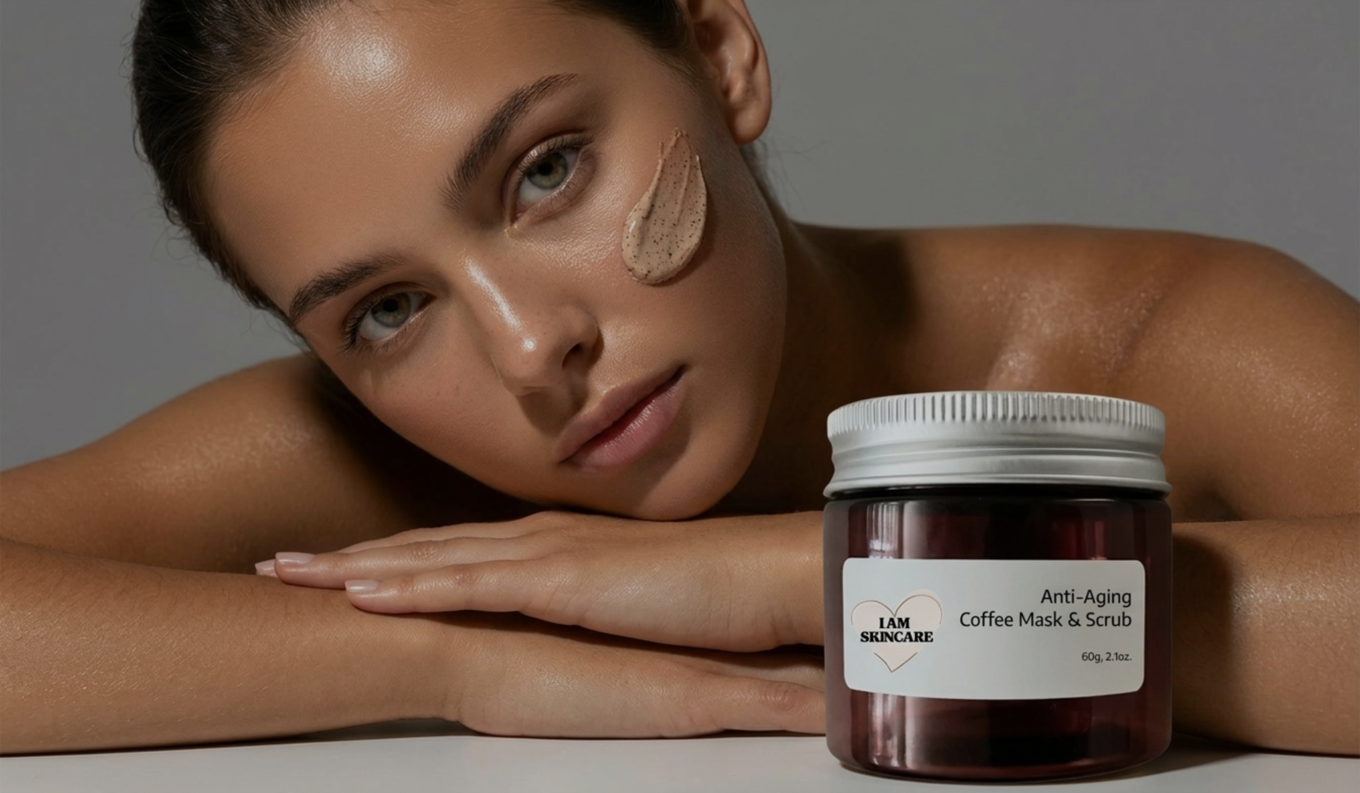 Woman with a facial scrub mask and skincare product